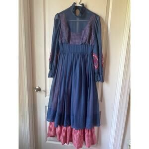 Vintage Pat Richards red and white checkered dress with blue overlay, maxi